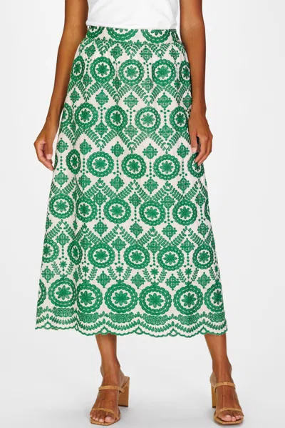 Duffield Lane Mira Midi Skirt In Emerald Vine Embroidery
