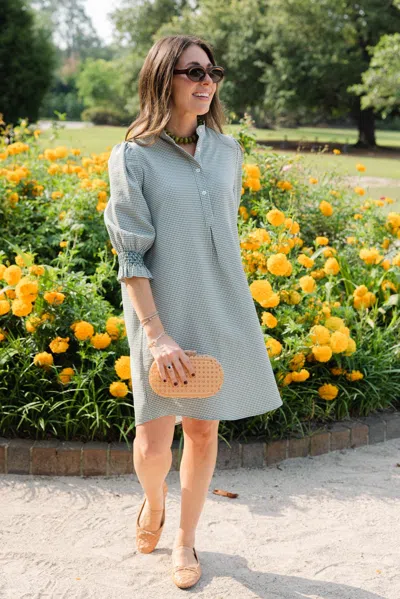 Duffield Lane Percy Popover Dress In Green Mini Gingham Seersucker