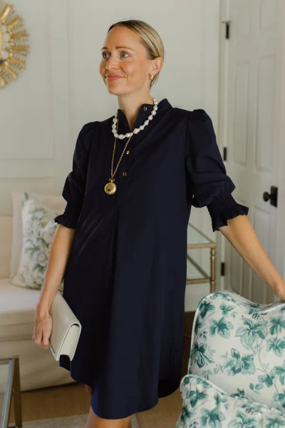Duffield Lane Percy Popover Dress In Navy Silky Oxford