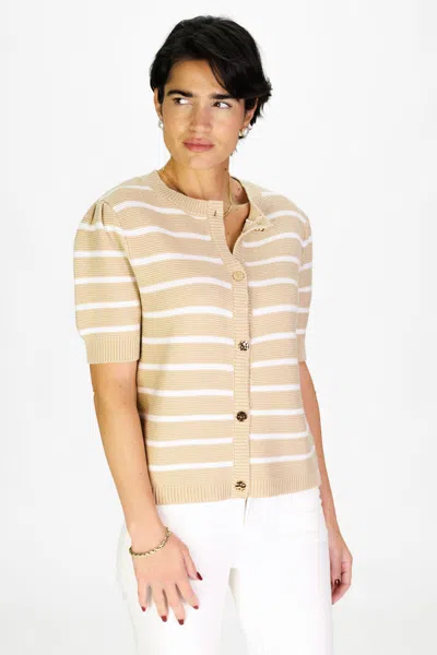 Duffield Lane Puff Sleeve Cardigan In Tan & White Stripe