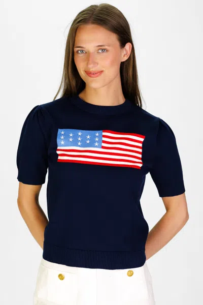 Duffield Lane Puff Sleeve Flag Sweater In Navy