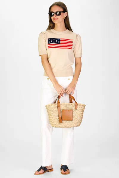 Duffield Lane Puff Sleeve Flag Sweater In Tan