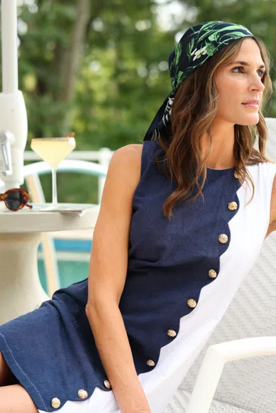 Duffield Lane Scalloped Cassidy Dress In Navy And White Textured Floral