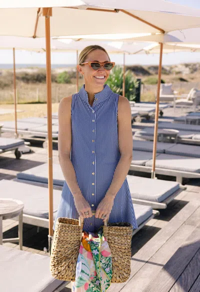 Duffield Lane Solar Stretch Noah Dress In Navy Seersucker Stripe