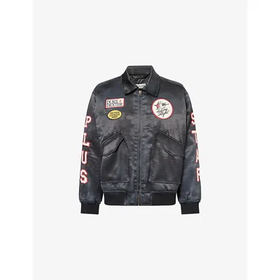 Duke & Dexter Mens Black Multi-patch Satin Bomber Jacket Xl