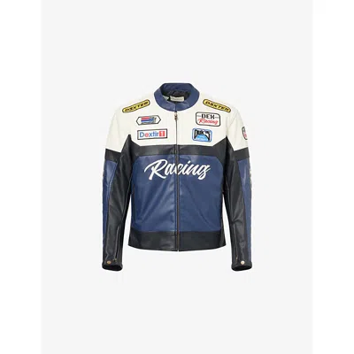 Duke & Dexter Mens Navy Dr Moto Racing Regular-fit Faux-leather Jacket In Multi