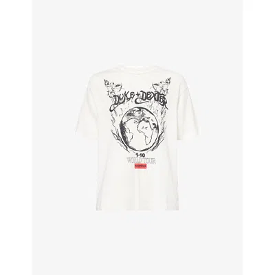 Duke & Dexter Mens Vintage White Graphic-print Relaxed-fit Cotton T-shirt