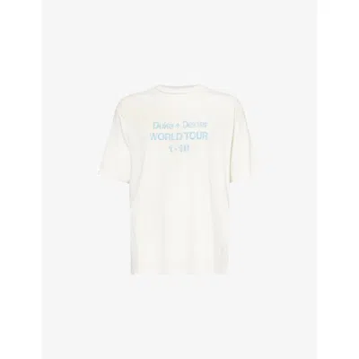 Duke & Dexter Mens Vintage White Text-print Relaxed-fit Cotton T-shirt