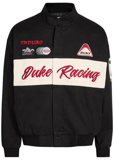 Duke And Dexter Racing Patchwork Appliqués Cotton Varsity Jacket In Black