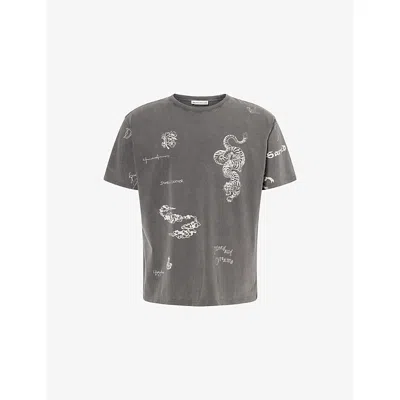 Duke + Dexter Mens Duke & Dexter Sketch-print Oversized Cotton T-shirt In Gray