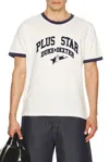 Duke + Dexter Plus Star Flock Printed Ringer Tee In White