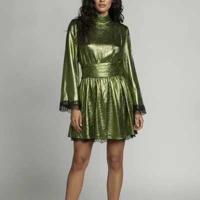 Pre-owned Dundas Green Lame Lace Trimmed Turtleneck Mini Dress M