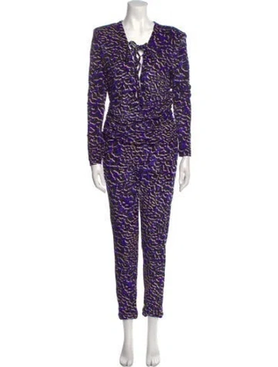 Pre-owned Dundas Printed Tie Neck Jumpsuit In Blue