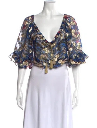 Pre-owned Dundas Silk Patterned Blouse W/ Tags In Blue