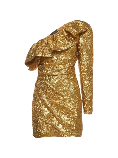 Pre-owned Dundas X Revolve One-shoulder Mini Dress In Gold
