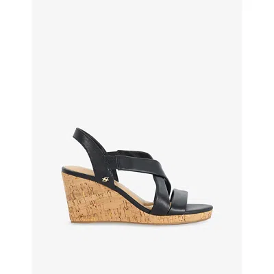 Dune Womens Kamies Cork Leather Wedge Sandals Black Plain Leather Eur 38/5 Uk