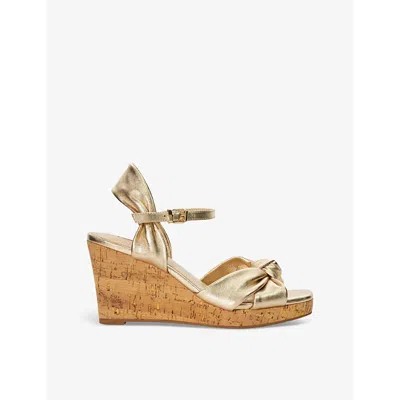 Dune Womens Gold-leather Kaino Tie-knot Metallic-leather Heeled Wedges