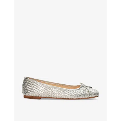 Dune Womens Silver-leather Bow-embellished Woven-texture Leather Flats