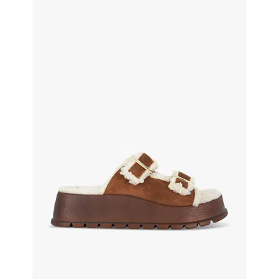 Dune Womens Tan-suede Lazio Buckled Shearling-lined Suede Sandals