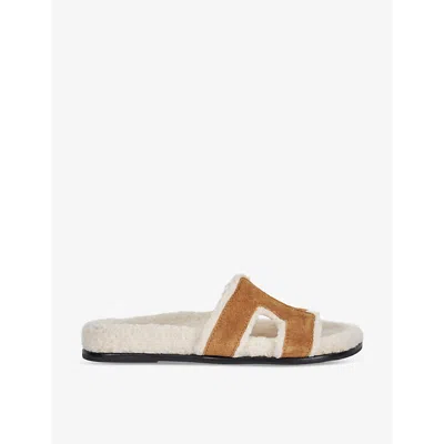 Dune Womens Tan-suede Loupa Shearling-lined Flat Suede Slides