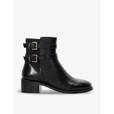 Dune Womens Black Leather Patter Double-buckle Leather Heeled Ankle Boots