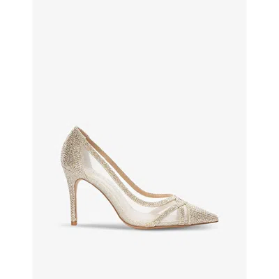 Dune Womens Gold-synthetic Bridged Rhinestone-embellished Mesh And Woven Courts