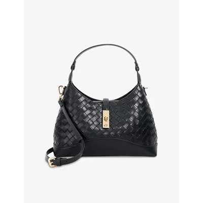 Dune Womens Black Leather Dorset Medium Woven Leather Shoulder Bag