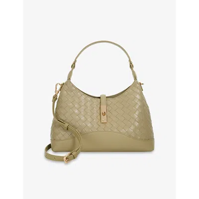 Dune Womens Khaki Leather Dorset Medium Woven Leather Shoulder Bag