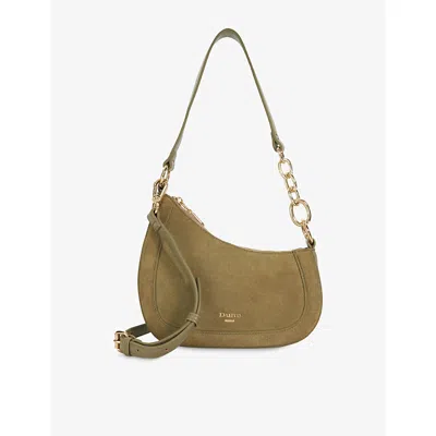 Dune Womens Direction Asymmetric Chain-detail Suede Shoulder Bag Khaki Leather