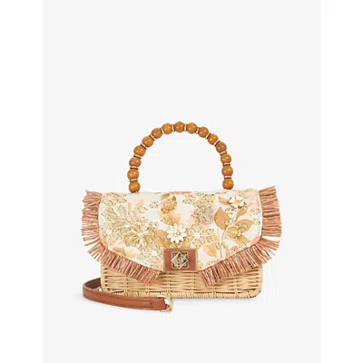 Dune Womens Orange Raffia Blooms Flower Woven Top-handle Bag