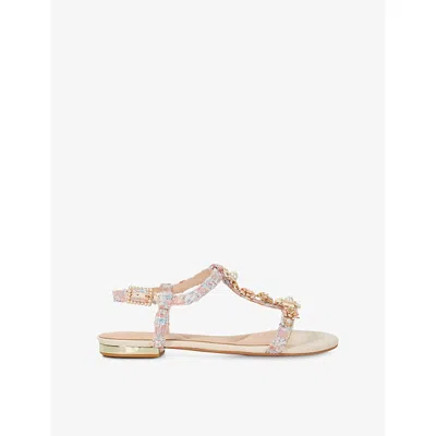 Dune Womens Nature Floral Embellished T-bar Woven Sandals Pink Fabric Eur 39 / 6 Uk