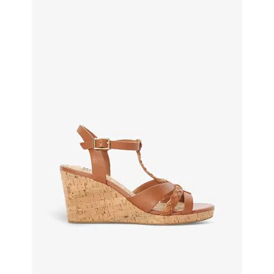 Dune Womens Tan-leather Koala Plaited Cork-wedge Leather Heeled Sandals