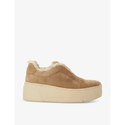 Dune Womens Tan Suede Esthie Chunky Shearling-lined Suede Slip-on Trainers