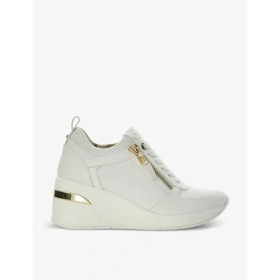 Dune Womens White-synthetic Reptile Eilin Zip-embellished Faux-leather Wedge Trainers