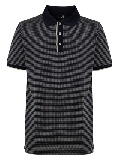 Dunhill Blue Navy Cotton Polo With Jacquard Print  In Blu Notte