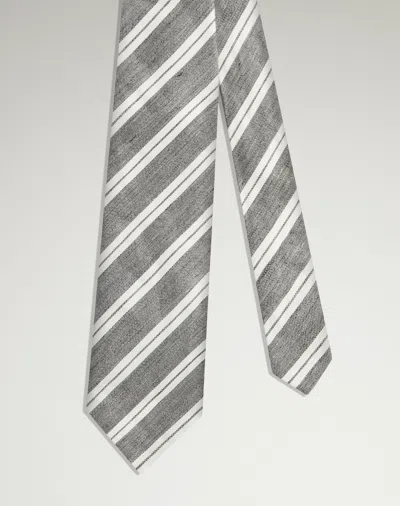 Dunhill Linen Blend Double Stripe Tie In Grey