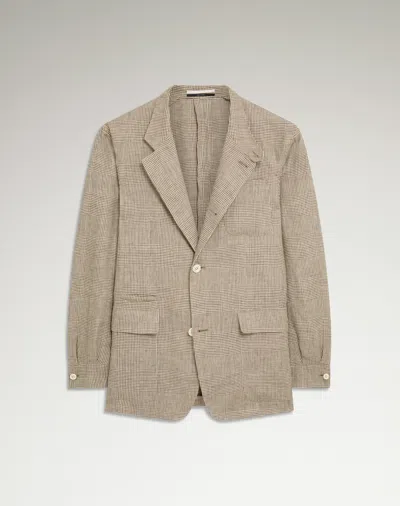 Dunhill Linen Prince Of Wales Check Cavendish Stand Collar Jacket In Brown