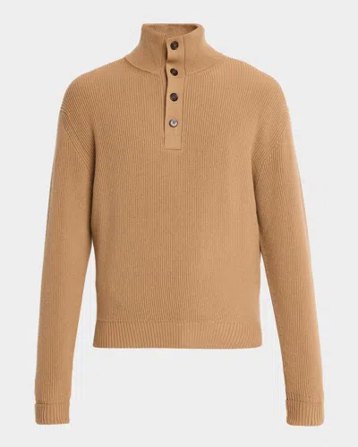 Dunhill Men's Cashmere 1/4 Button Ribbed Sweater In Brown