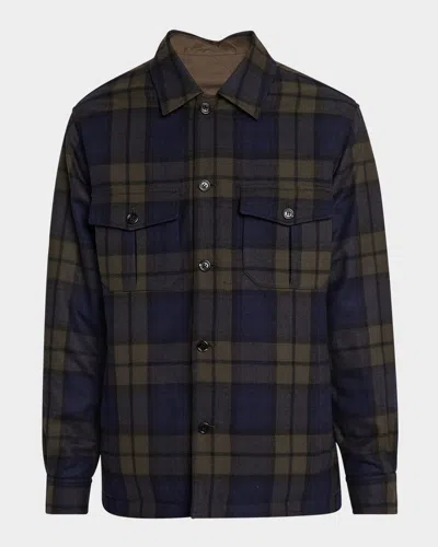 Dunhill Men's Reversible Plaid Overshirt In Blue Green
