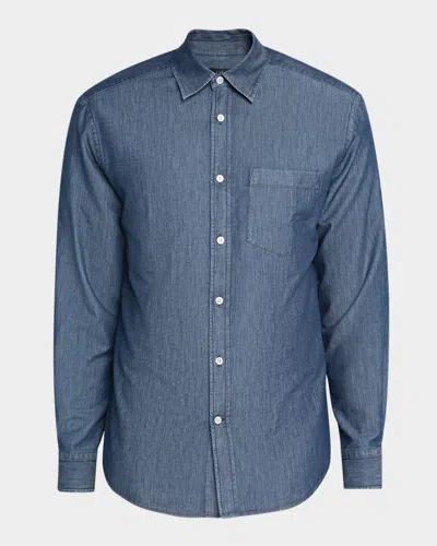 Dunhill Men's Silk-cotton Chambray Long-sleeve Shirt In Blue