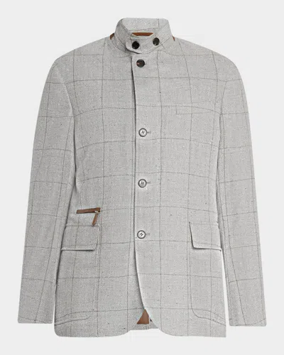 Dunhill Men's Windowpane Check Herringbone Jacket In Gray