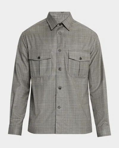 DUNHILL MEN'S WOOL CHECK OVERSHIRT WITH SUEDE TRIM