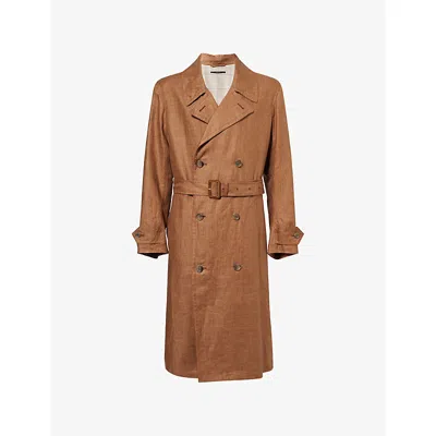 Dunhill Mens Double-breasted Longline Linen Trench Coat Brown