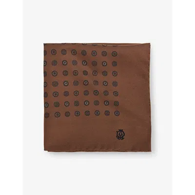 Dunhill Mens Dark Camel Circular-print Silk Pocket Square In Brown