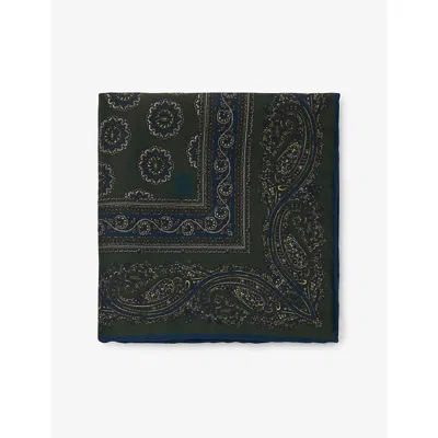Dunhill Mens Dark Green Floral Medallion Silk Pocket Square In Black