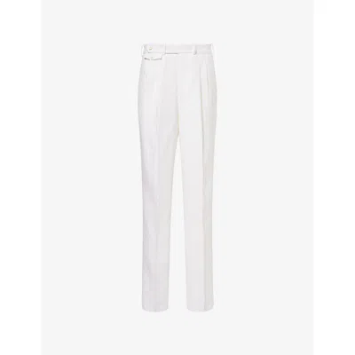 Dunhill Mens Ivory Double-pleated Straight-leg Linen Trousers In White