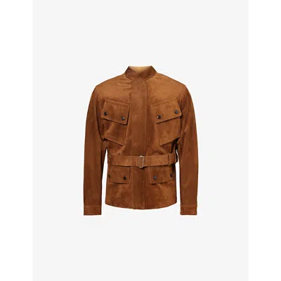 Dunhill Mens Tan Funnel-neck Flap-pocket Regular-fit Suede Jacket