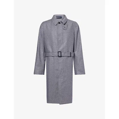 Dunhill Mens Navy Houndstooth Check Balmacaan Cashmere Coat In Gray