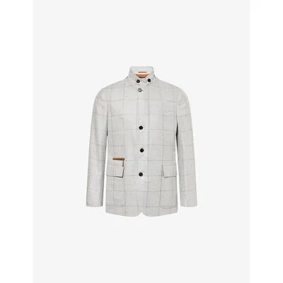 Dunhill Mens Grey Melange Check-print High-neck Wool, Silk And Cashmere Jacket In White