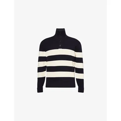 Dunhill Mens House Navy Stripe-print High-neck Knitted Cotton Jumper